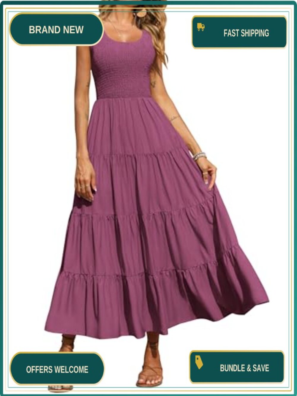 Smocked Tank Maxi Sundress with Pockets - Sleeveless Flowy Tiered